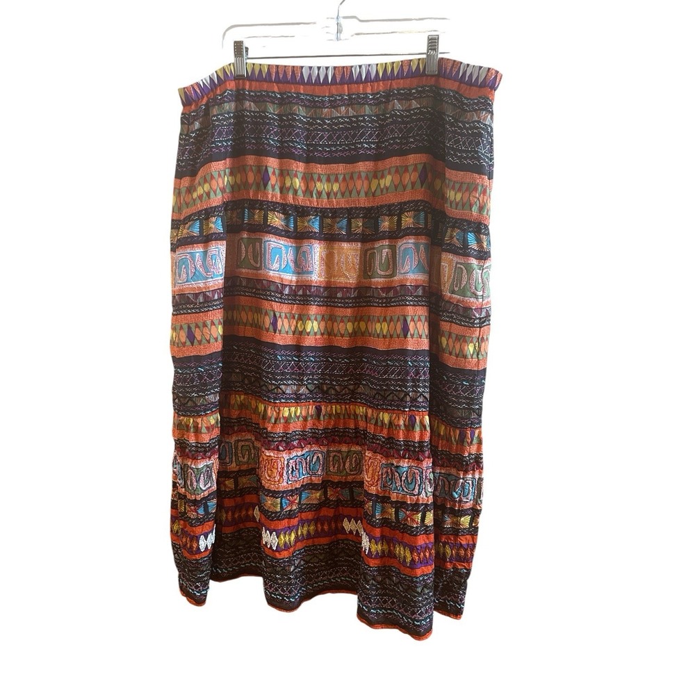 Chico's Silk Boho Colorful Print Beaded Pull On Skirt Size 2 (Large)‎